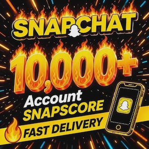 Pode incluir: Um gráfico digital com o texto SNAPCHAT 10,000+ ACCOUNT SNAPSCORE FAST DELIVERY. O design inclui um ícone de smartphone exibindo o logotipo do Snapchat, cercado por chamas estilizadas amarelas e laranjas contra um fundo escuro.