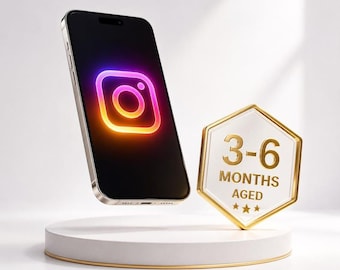 May include: A smartphone displaying a glowing neon Instagram logo on its screen, positioned next to a white hexagonal plaque with a gold border. The plaque features the gold text 3-6 MONTHS AGED and three small gold stars at the bottom.