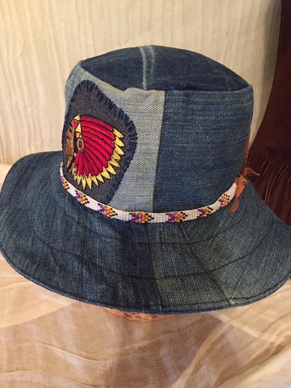 1970s Denim patchwork bucket hat, vintage Indian C