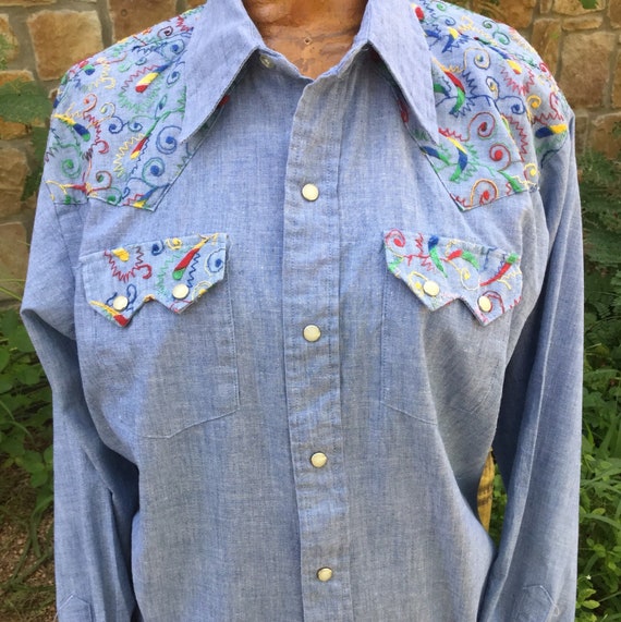 70s Embroidered Chambray western pearl snap shirt,