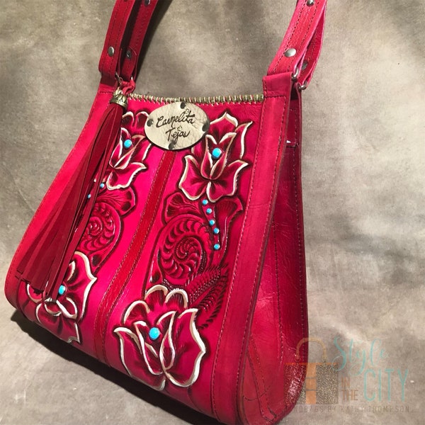ON SALE! Red tooled leather handbag, Embellished accents, studs & tassels. Western Chic!