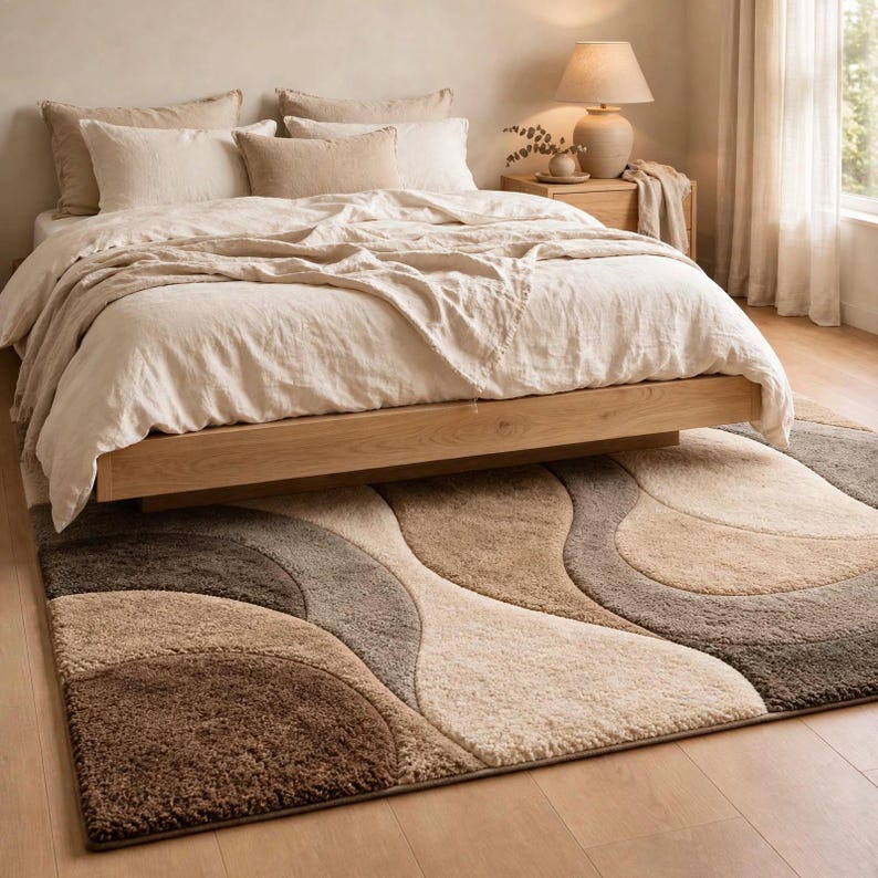 Neutral Abstract Rug, Brown and Beige Curved Design for Modern Living ...