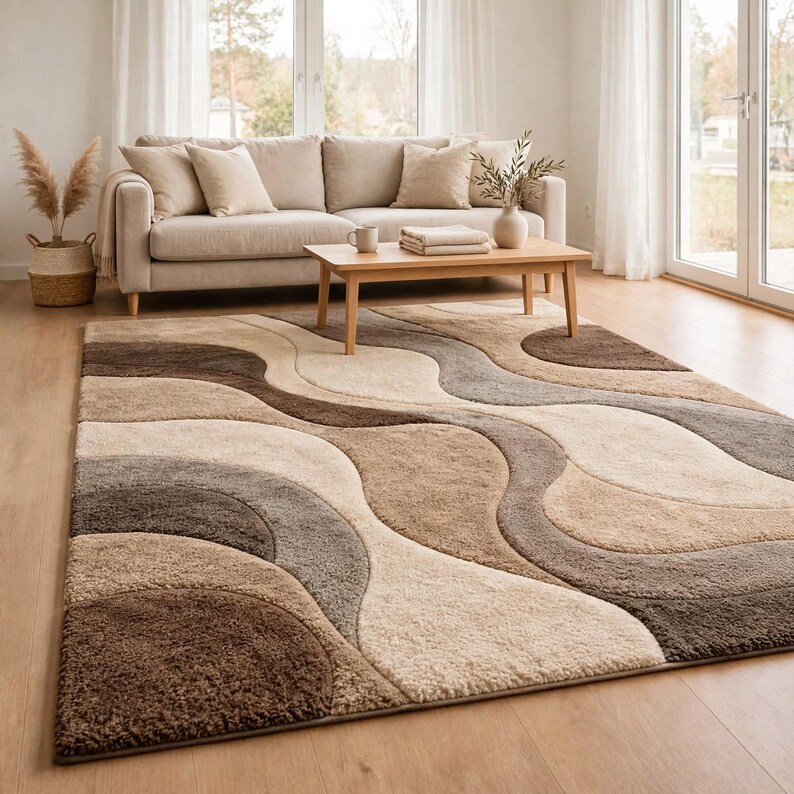 Neutral Abstract Rug, Brown and Beige Curved Design for Modern Living ...