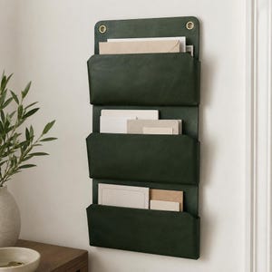 Wall Mail Organizer, Full-Grain Leather 3-Pocket Vertical File Storage