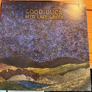 May include: A square vinyl record jacket featuring a dark blue and purple starry night sky above a landscape of rolling hills in shades of green, brown, and blue. The text GOOD LUCK INTO LAKE GRIFFY is printed in yellow at the top center.