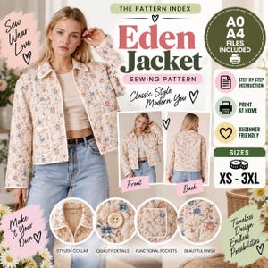 Pode incluir: Um molde de costura para a jaqueta Eden, feito de tecido acolchoado com flores azuis e laranjas. O design inclui gola, botões frontais e bolsos. O documento exibe vistas frontal e traseira, tamanhos XS-3XL e instruções para impressão doméstica nos formatos A0 e A4.