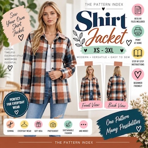 May include: A sewing pattern for a shirt jacket titled The Pattern Index. The image displays a plaid shirt jacket in orange, white, and navy blue, with front and back views, size range XS-3XL, and icons indicating A0, A4, and step-by-step instructions.