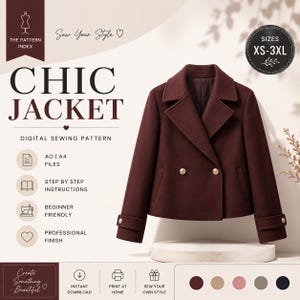 Mönster för elegant jacka i PDF-format | Dubbelknäppt kavajmönster XS-3XL | Digital nedladdning av beskuren ulljacka med sömnadsguide