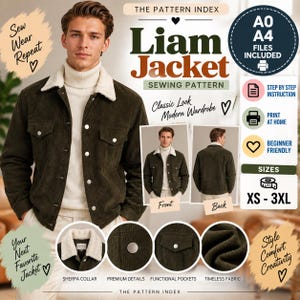 May include: A digital sewing pattern for the Liam Jacket, featuring a dark olive corduroy jacket with a white sherpa collar, metal snap buttons, and two chest pockets. Includes A0 and A4 files, step-by-step instructions, and sizes XS to 3XL.