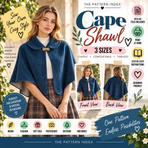 Könnte beinhalten: Ein Schnittmuster für einen blauen Umhang-Schal mit abgerundetem Kragen und einer dekorativen goldenen Schließe. Das Bild enthält Text wie The Pattern Index, Cape Shawl, 3 Sizes, Front View, Back View sowie Hinweise für A0- und A4-Dateien.