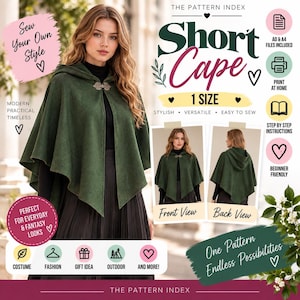 May include: A sewing pattern for a forest green hooded short cape with a decorative metal clasp. The image includes text labels such as The Pattern Index, Short Cape, 1 Size, Front View, Back View, and icons indicating A0 and A4 files included.