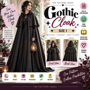Op de afbeelding: Een naaipatroon voor een zwarte mantel met capuchon tot op de grond met een cape-overlay. De afbeelding bevat tekst: The Pattern Index, Gothic Cloak, Size 1, A0 & A4 Files Included, Print at Home, Step by Step Instructions, Beginner Friendly, Front View, Back View.