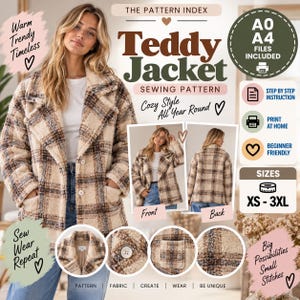Puede incluir: Un patrón de costura para una chaqueta de peluche con tela texturizada a cuadros en crema y marrón. El diseño incluye cuello de solapa, dos bolsillos delanteros y botones. El documento muestra vistas frontal y trasera, tallas XS-3XL y formatos A0 y A4.