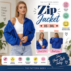 Zip Jacket Sewing Pattern PDF | Cropped Zip Up Hoodie Pattern | Oversized Hooded Jacket Pattern | Beginner Sewing Pattern