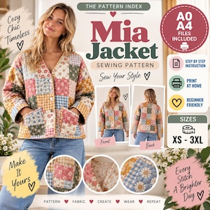 Può includere: Un cartamodello digitale per la giacca Mia, caratterizzato da un design patchwork trapuntato con motivi floreali e a quadretti in tonalità tenui. La grafica include testo, viste frontali e posteriori e icone per i formati A0 e A4.