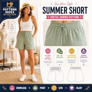 Może przedstawiać: Cyfrowy wykroj krawiecki na letnie szorty o tytule Summer Short. Obraz przedstawia osobę w szałwiowo-zielonych szortach z elastycznym pasem i sznurkiem, wraz z technicznymi rysunkami liniowymi oraz ikonami dla rozmiarów od XS do XXXL.