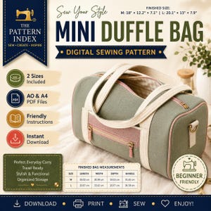Puede incluir: Un patrón de costura digital para un mini bolso de viaje titulado The Pattern Index. El bolso es de color verde salvia con un bolsillo frontal malva, correas color crema y cremalleras doradas. Medidas finales: M 18,03 x 30,99 x 18,03 cm.