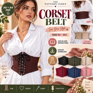 May include: A digital sewing pattern for a corset belt, featuring a white shirt worn with a brown lace-up corset belt. The image includes text, icons for instant download, step-by-step instructions, and color variations of the belt in black, olive, beige, red, blue, and pink.
