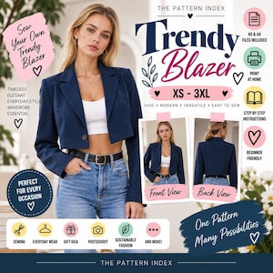 Puede incluir: Un blazer corto de color azul marino con cierre de un solo botón, usado sobre un top corto blanco y jeans azules. La imagen incluye superposiciones de texto como The Pattern Index, Trendy Blazer, XS-3XL, Front View, Back View e iconos de costura.