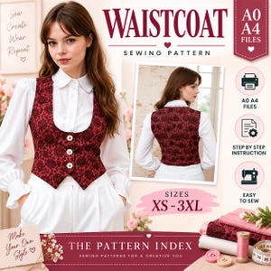 May include: A sewing pattern for a waistcoat featuring a deep red fabric with a black floral pattern, three white buttons, and a scoop neckline. The pattern includes A0 and A4 files, step-by-step instructions, and is available in sizes XS-3XL.