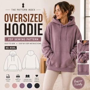Puede incluir: Un patrón de costura en PDF para una sudadera con capucha oversize titulada The Pattern Index. El diseño muestra una sudadera malva con bolsillo canguro, mangas largas y puños acanalados. Incluye dibujos técnicos, tallas XS-XXXL e iconos para impresión A0, A4 y en casa.