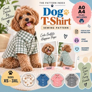 May include: A dog t-shirt sewing pattern featuring a brown curly-haired dog wearing a green and white gingham button-down shirt. The graphic includes text, front and back views of the shirt, and four small circular icons showing different shirt designs.