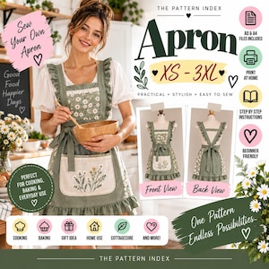 Pode incluir: Um avental verde sálvia com alças franzidas e um bolso branco com estampa de margaridas. O avental inclui uma faixa na cintura e uma bainha franzida. O texto na imagem inclui The Pattern Index, Apron, XS-3XL, Front View e Back View.