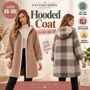 May include: A sewing pattern for a hooded coat from The Pattern Index, featuring sizes XS-3XL, A0 and A4 PDF files, and step-by-step instructions. The coat is shown in a solid tan colour and a brown and beige plaid pattern with long sleeves.