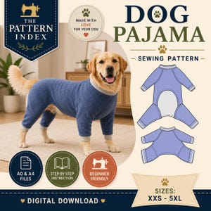 Op de afbeelding: Een digitaal naaipatroon voor hondenpyjama's genaamd The Pattern Index. De afbeelding toont een golden retriever in een blauwe fleece pyjama met grijze boorden, naast technische illustraties van het kledingstuk en de maten XXS tot 5XL.