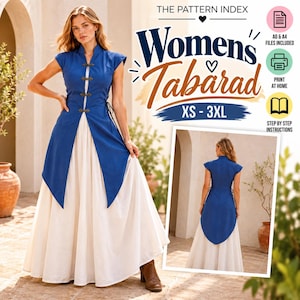 Può includere: Un cartamodello per un abito tabarro intitolato The Pattern Index Womens Tabarad, caratterizzato da un corpetto blu senza maniche con fermagli metallici decorati sopra una lunga gonna bianca. Il modello include file A0 e A4, opzioni di stampa domestica e istruzioni passo-passo per le taglie dalla XS alla 3XL.