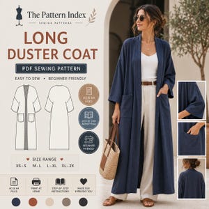 Könnte beinhalten: Ein Schnittmuster für einen langen, marineblauen Duster-Mantel mit technischer Zeichnung von vorne und hinten, dem Text The Pattern Index Long Duster Coat PDF Sewing Pattern und Bildern des Mantels über weißem Oberteil und heller Hose.
