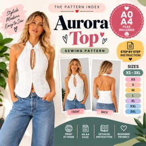 May include: A white halter-style top with a front keyhole cutout, button-down closure, and tie-neck detail. The sewing pattern includes A0 and A4 files, step-by-step instructions, and sizes ranging from XS to 3XL, displayed in a digital format.