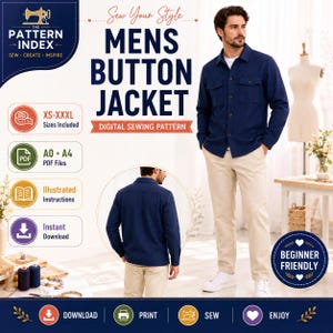 May include: A digital sewing pattern for a button jacket, featuring text 'MENS BUTTON JACKET' and 'Sew Your Style'. The image displays a navy blue long-sleeve button-up jacket worn with beige trousers, shown from both front and back perspectives.