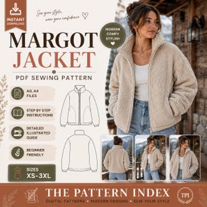 May include: A PDF sewing pattern for the Margot Jacket, featuring a beige fleece jacket with a high collar and zipper. The image includes technical line drawings of the jacket, text labels for A0 and A4 files, step-by-step instructions, and size range XS-3XL.