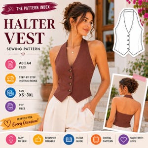 May include: A digital sewing pattern for a brown halter vest, featuring text reading THE PATTERN INDEX HALTER VEST SEWING PATTERN, A0 | A4 FILES, STEP BY STEP INSTRUCTIONS, SIZE XS-3XL, PDF FILES, and EASY TO SEW, BEGINNER FRIENDLY, CLEAR GUIDE.