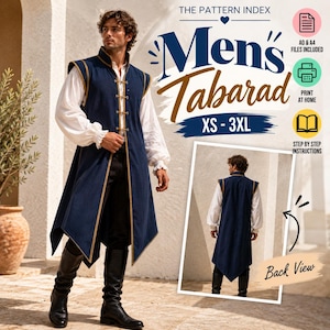 May include: A navy blue sleeveless tabard with gold trim, worn over a white long-sleeved shirt and black trousers. The text reads THE PATTERN INDEX, Men's Tabard, XS-3XL, AO & A4 FILES INCLUDED, PRINT AT HOME, STEP BY STEP INSTRUCTIONS, and Back View.