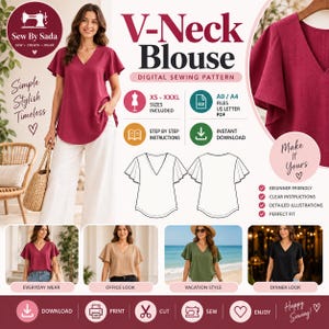May include: A digital sewing pattern for a V-neck blouse with flutter sleeves. The graphic includes text, size range XS-XXXL, A0/A4/US Letter PDF file formats, and illustrations of the front and back views. Four photos show the blouse in maroon, beige, olive green, and black.