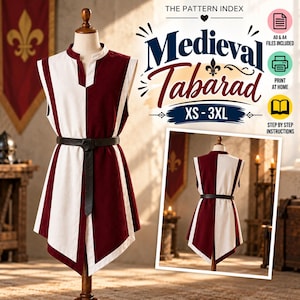 May include: A sleeveless tabard featuring a vertical split design in maroon and white, secured with a black belt. The text reads THE PATTERN INDEX Medieval Tabarad XS-3XL, A0 & A4 FILES INCLUDED, PRINT AT HOME, and STEP BY STEP INSTRUCTIONS.