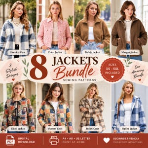 May include: A digital bundle of 8 sewing patterns for jackets, including the Hooded Coat, Eden Jacket, Teddy Jacket, Margot Jacket, Elise Jacket, Button Coat, Teddy Coat, and Bailey Jacket. The patterns are available in sizes XS to 5XL as a PDF.