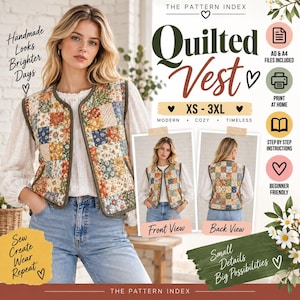 May include: A quilted vest featuring a patchwork floral pattern in shades of blue, red, yellow, and green with olive green trim. The image includes text such as The Pattern Index, Quilted Vest, XS-3XL, and instructions for sewing patterns.