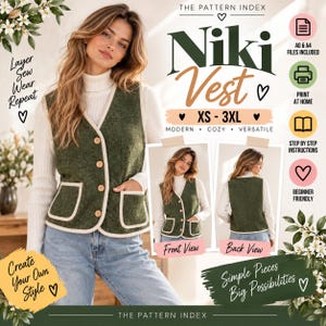 May include: A sewing pattern for a Niki Vest in sizes XS-3XL, featuring a dark green textured vest with cream-colored trim, four front buttons, and two patch pockets. The image includes text labels for front and back views, print instructions, and file types.