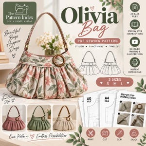 以下が含まれることがあります： Olivia BagのPDF型紙。花柄のホーボーバッグで、木製のリングがアクセントになっています。完成したバッグ、3色のバリエーション、印刷された型紙、写真とイラスト付きのステップバイステップの説明書が表示されています。