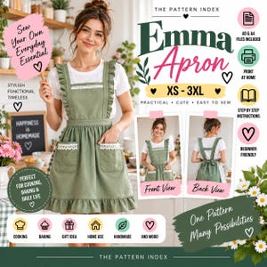 Pode incluir: Um molde de costura para um avental Emma nos tamanhos XS-3XL, apresentando um avental verde sálvia com alças com babados, dois bolsos frontais com acabamento em renda branca e uma bainha com babados. O molde inclui arquivos A0 e A4, instruções passo a passo e vistas frontal e traseira da peça finalizada.