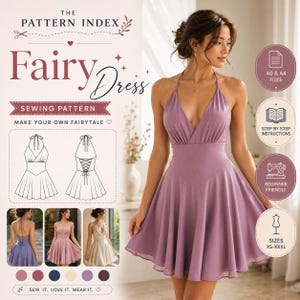 May include: A sewing pattern for a short, mauve-colored halter dress with a deep V-neckline and a flared skirt. The image includes text reading THE PATTERN INDEX Fairy Dress SEWING PATTERN, along with technical line drawings and icons for files.