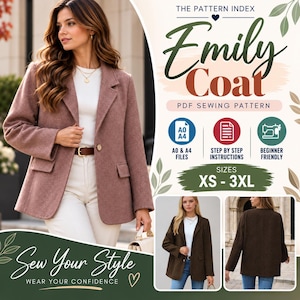 Può includere: Un cartamodello PDF per il cappotto Emily, con un design a blazer a un bottone in rosa antico e marrone scuro. La grafica include etichette per file A0 e A4, istruzioni passo dopo passo, livello per principianti e taglie dalla XS alla 3XL.