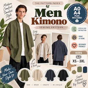 May include: A sewing pattern for a kimono featuring text including The Pattern Index, Men Kimono, A0 A4 Files Included, and sizes XS-3XL. The graphic displays a person wearing an olive green kimono, with additional views in beige and navy blue.