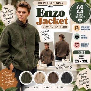 May include: A digital sewing pattern for the Enzo Jacket, featuring a textured olive green fleece jacket with a high collar and front zipper. The graphic includes text, multiple color variations, and size options ranging from XS to 3XL for home printing.