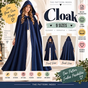 Può includere: Un cartamodello digitale per un mantello con cappuccio blu navy lungo fino ai piedi con chiusura a fiocco frontale. La grafica include il testo: The Pattern Index, Cloak, 9 Sizes, Sew Your Own Magic, Timeless Style For Everyday Adventures, One Pattern Endless Possibilities, Costume, Outdoor, Gift Idea, Fashion, Cosplay, And More.