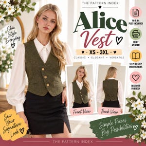 Puede incluir: Un patrón de costura para un chaleco de tweed verde oliva titulado Alice Vest, en tallas XS-3XL. El diseño incluye una vista frontal con tres botones y una vista trasera con una tira ajustable. Incluye archivos A0 y A4, instrucciones paso a paso y es apto para principiantes.