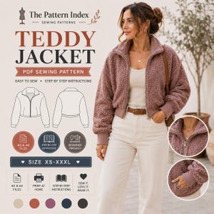 May include: A PDF sewing pattern for a teddy jacket by The Pattern Index. The image displays a mauve, textured fleece jacket with a zipper, long sleeves, and ribbed cuffs. Includes technical line drawings, size range XS-XXXL, and icons for A0/A4 files, step-by-step instructions, and beginner-friendly features.